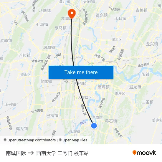 南城国际 to 西南大学 二号门 校车站 map