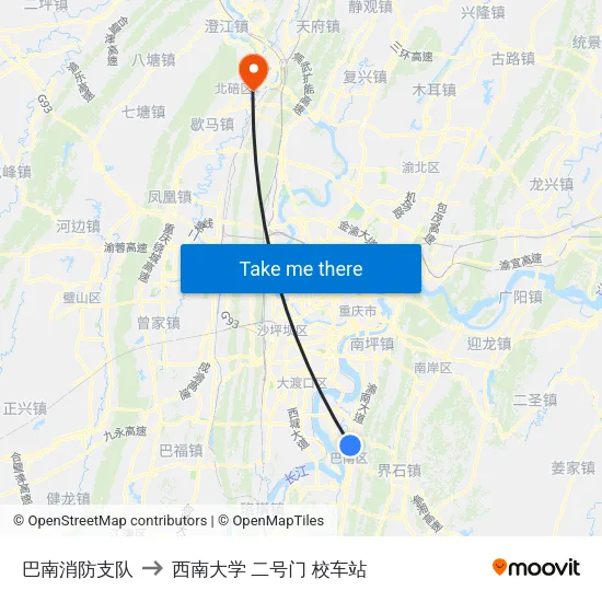 巴南消防支队 to 西南大学 二号门 校车站 map