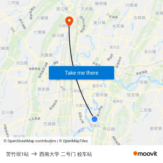 苦竹坝1站 to 西南大学 二号门 校车站 map