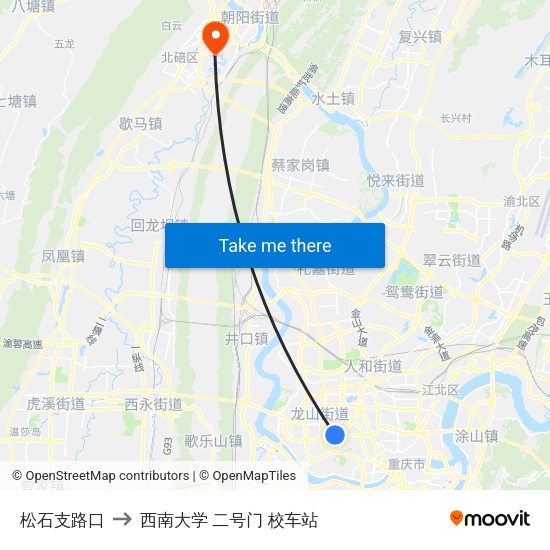 松石支路口 to 西南大学 二号门 校车站 map