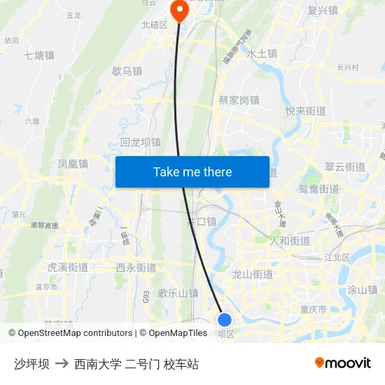 沙坪坝 to 西南大学 二号门 校车站 map