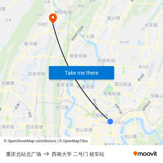 重庆北站北广场 to 西南大学 二号门 校车站 map