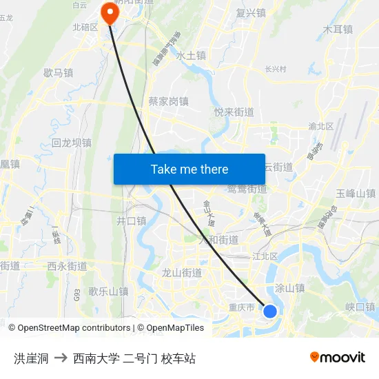 洪崖洞 to 西南大学 二号门 校车站 map