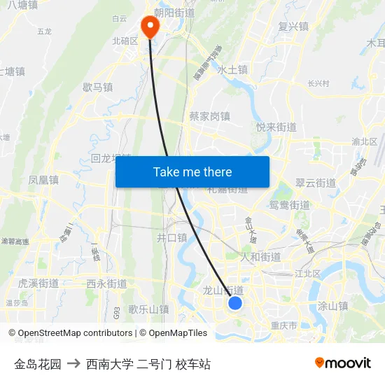 金岛花园 to 西南大学 二号门 校车站 map