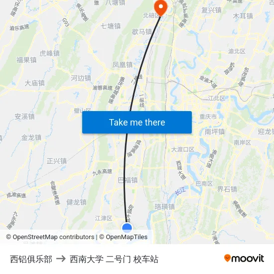 西铝俱乐部 to 西南大学 二号门 校车站 map