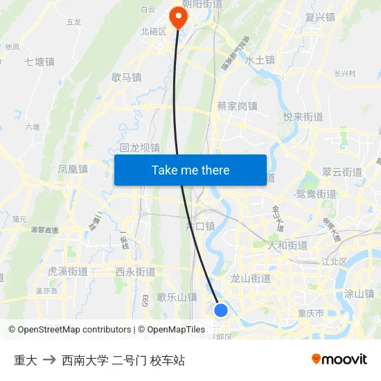 重大 to 西南大学 二号门 校车站 map