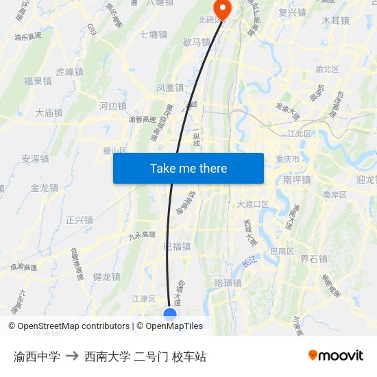 渝西中学 to 西南大学 二号门 校车站 map