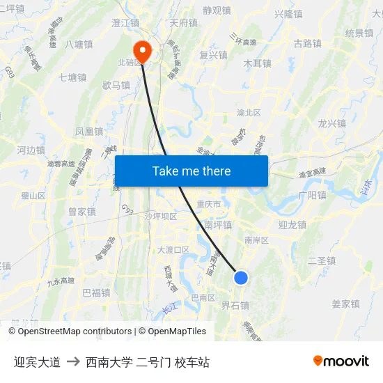 迎宾大道 to 西南大学 二号门 校车站 map