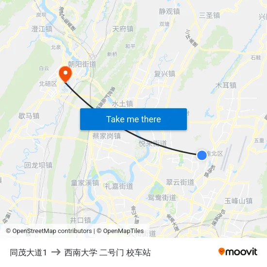 同茂大道1 to 西南大学 二号门 校车站 map