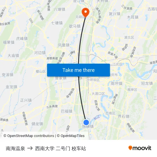 南海温泉 to 西南大学 二号门 校车站 map