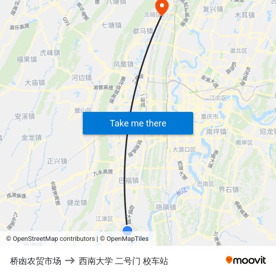 桥凼农贸市场 to 西南大学 二号门 校车站 map