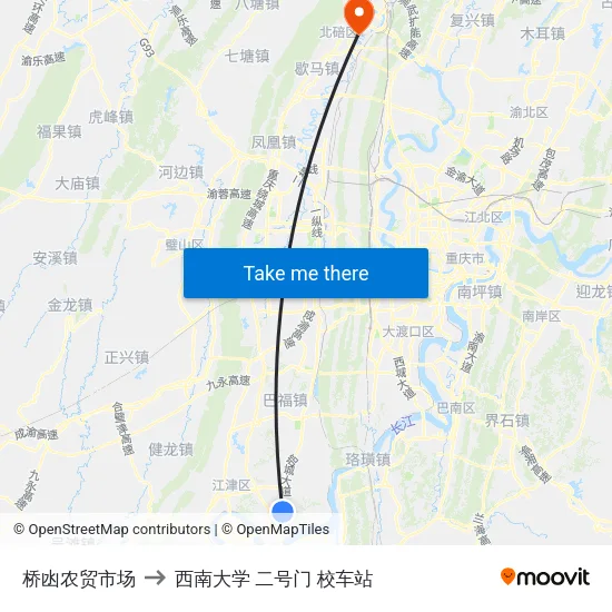 桥凼农贸市场 to 西南大学 二号门 校车站 map