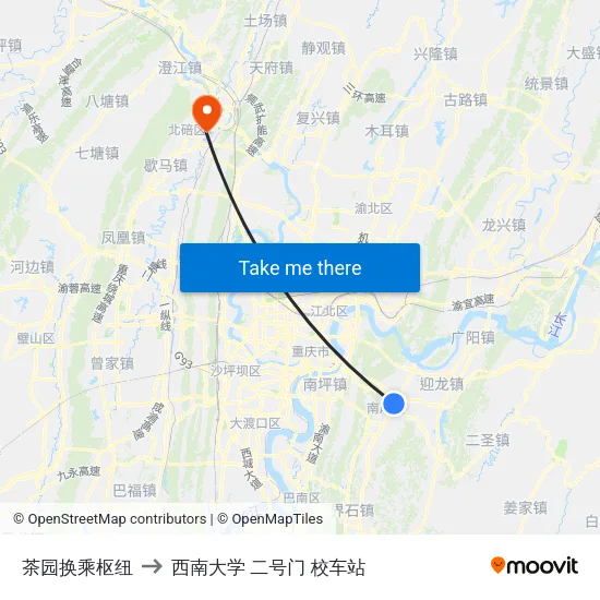 茶园换乘枢纽 to 西南大学 二号门 校车站 map