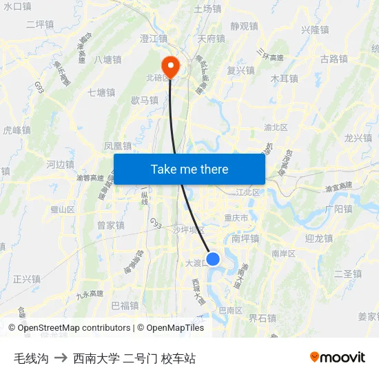 毛线沟 to 西南大学 二号门 校车站 map