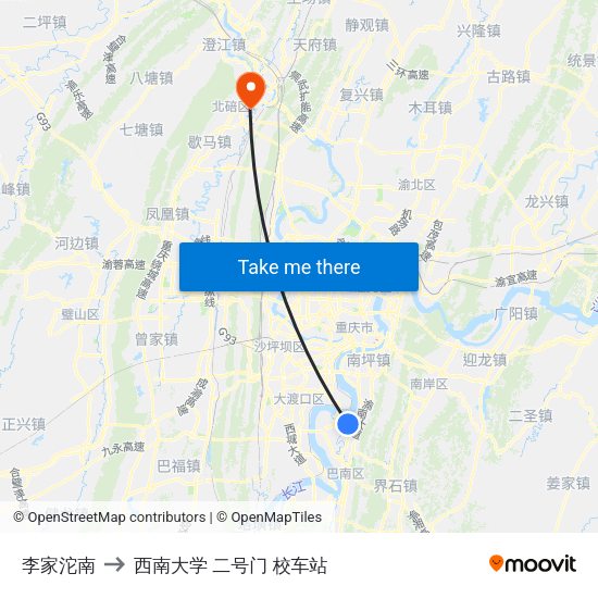 李家沱南 to 西南大学 二号门 校车站 map