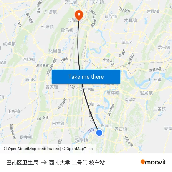 巴南区卫生局 to 西南大学 二号门 校车站 map