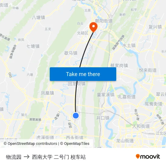 物流园 to 西南大学 二号门 校车站 map