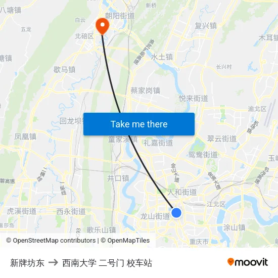 新牌坊东 to 西南大学 二号门 校车站 map