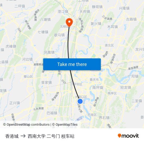 香港城 to 西南大学 二号门 校车站 map