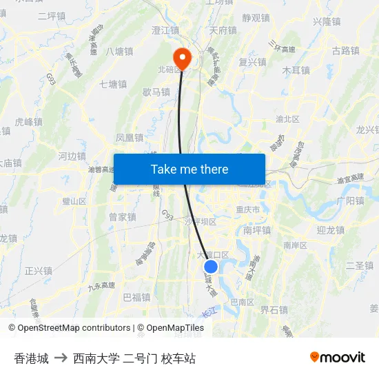 香港城 to 西南大学 二号门 校车站 map