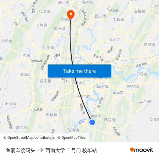 鱼洞车渡码头 to 西南大学 二号门 校车站 map