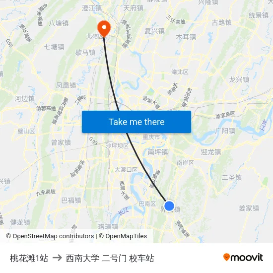 桃花滩1站 to 西南大学 二号门 校车站 map
