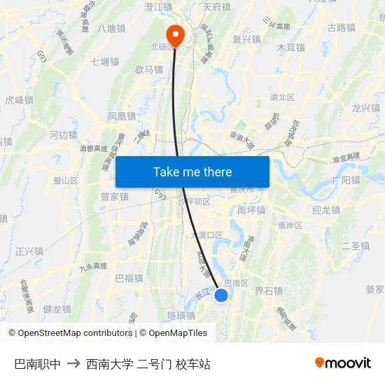 巴南职中 to 西南大学 二号门 校车站 map