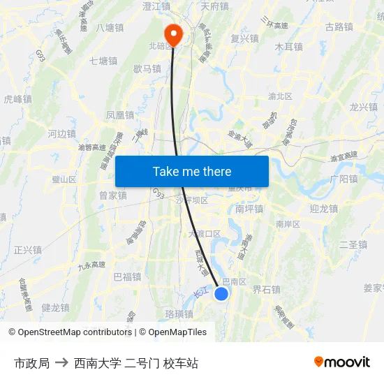 市政局 to 西南大学 二号门 校车站 map