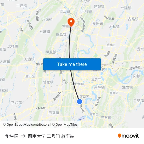 华生园 to 西南大学 二号门 校车站 map