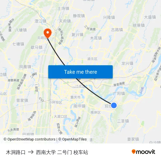 木洞路口 to 西南大学 二号门 校车站 map