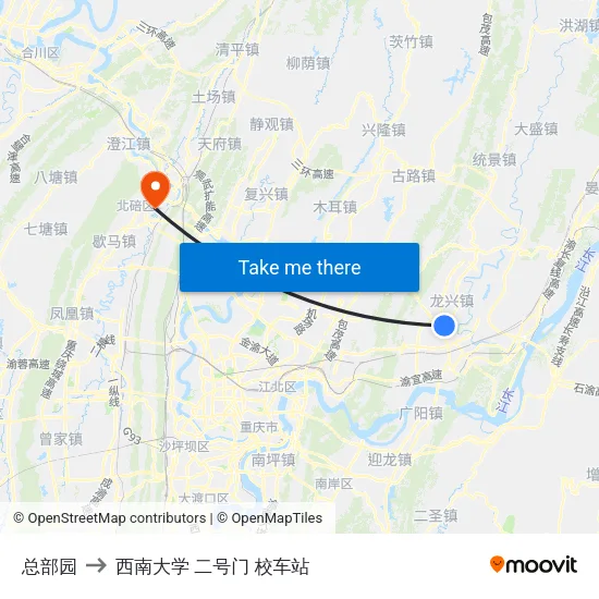 总部园 to 西南大学 二号门 校车站 map