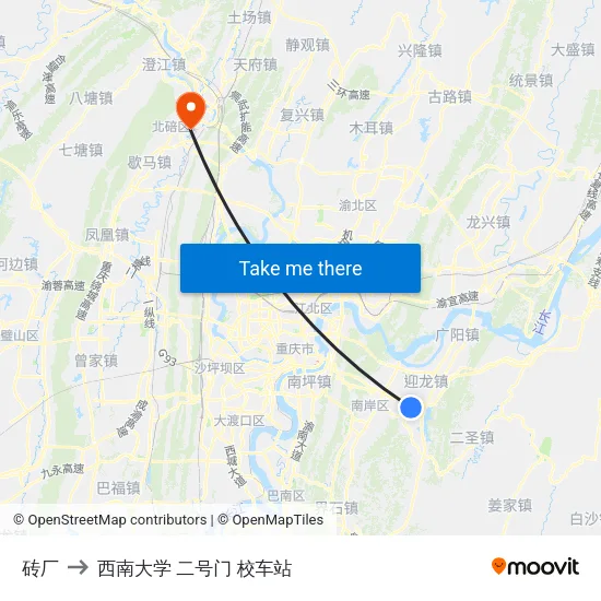 砖厂 to 西南大学 二号门 校车站 map
