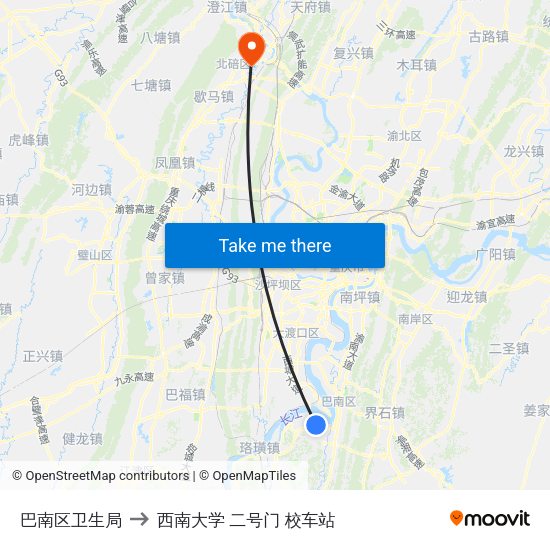 巴南区卫生局 to 西南大学 二号门 校车站 map