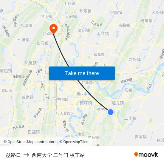 岔路口 to 西南大学 二号门 校车站 map