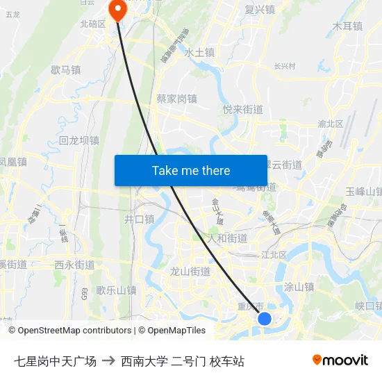 七星岗中天广场 to 西南大学 二号门 校车站 map