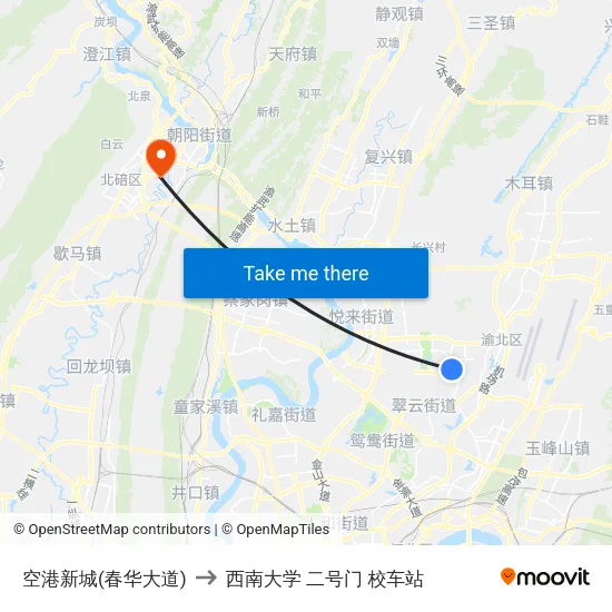空港新城(春华大道) to 西南大学 二号门 校车站 map