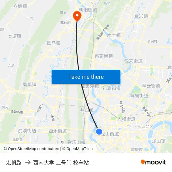 宏帆路 to 西南大学 二号门 校车站 map