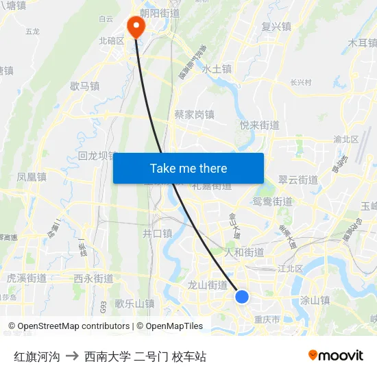 红旗河沟 to 西南大学 二号门 校车站 map