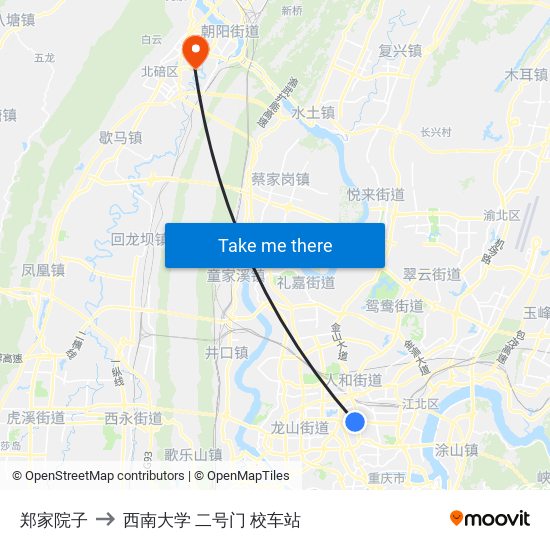 郑家院子 to 西南大学 二号门 校车站 map