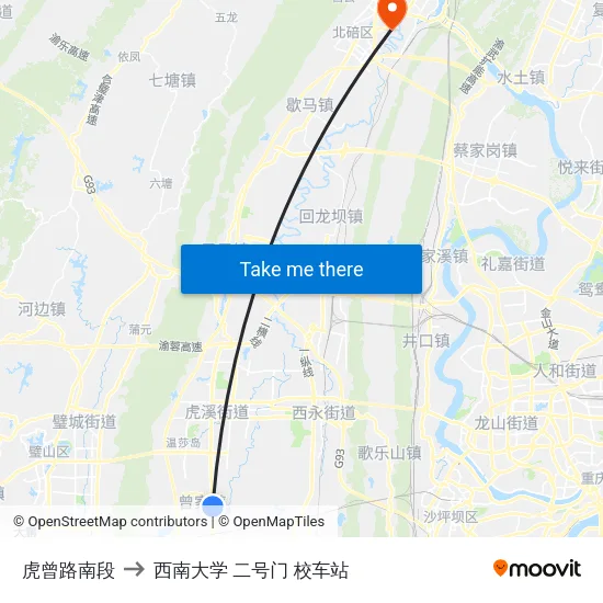 虎曾路南段 to 西南大学 二号门 校车站 map