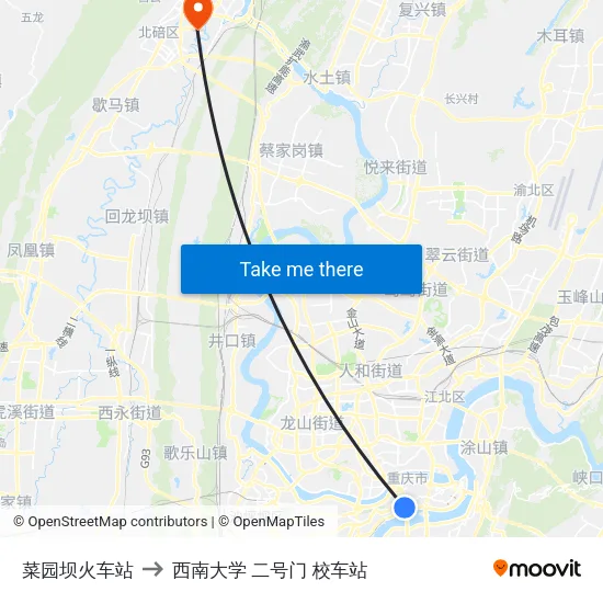 菜园坝火车站 to 西南大学 二号门 校车站 map