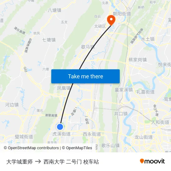 大学城重师 to 西南大学 二号门 校车站 map