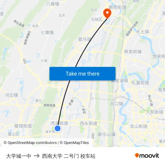 大学城一中 to 西南大学 二号门 校车站 map
