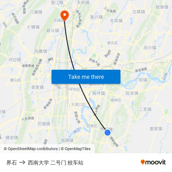 界石 to 西南大学 二号门 校车站 map