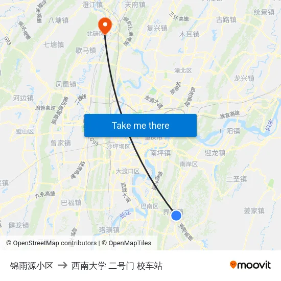 锦雨源小区 to 西南大学 二号门 校车站 map