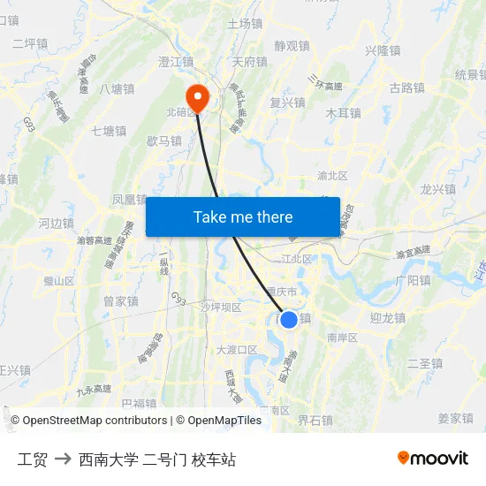 工贸 to 西南大学 二号门 校车站 map