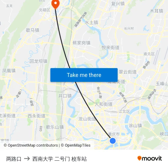 两路口 to 西南大学 二号门 校车站 map