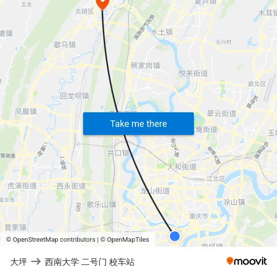 大坪 to 西南大学 二号门 校车站 map