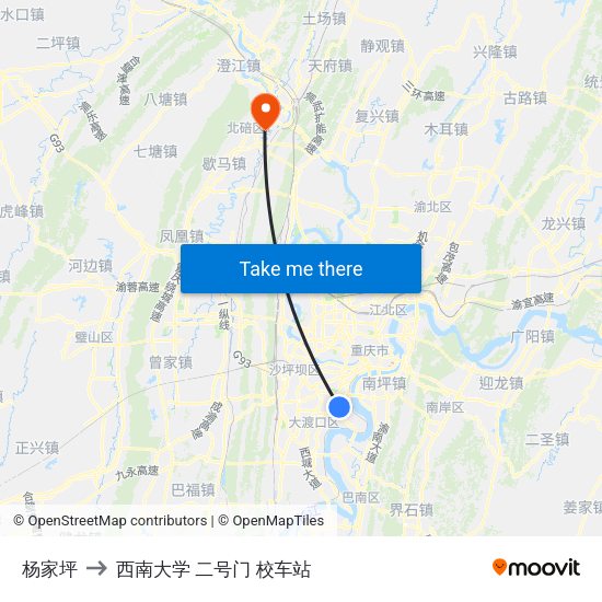 杨家坪 to 西南大学 二号门 校车站 map