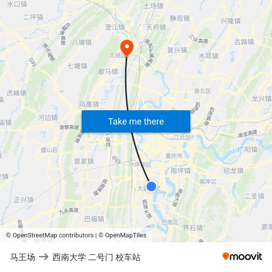 马王场 to 西南大学 二号门 校车站 map